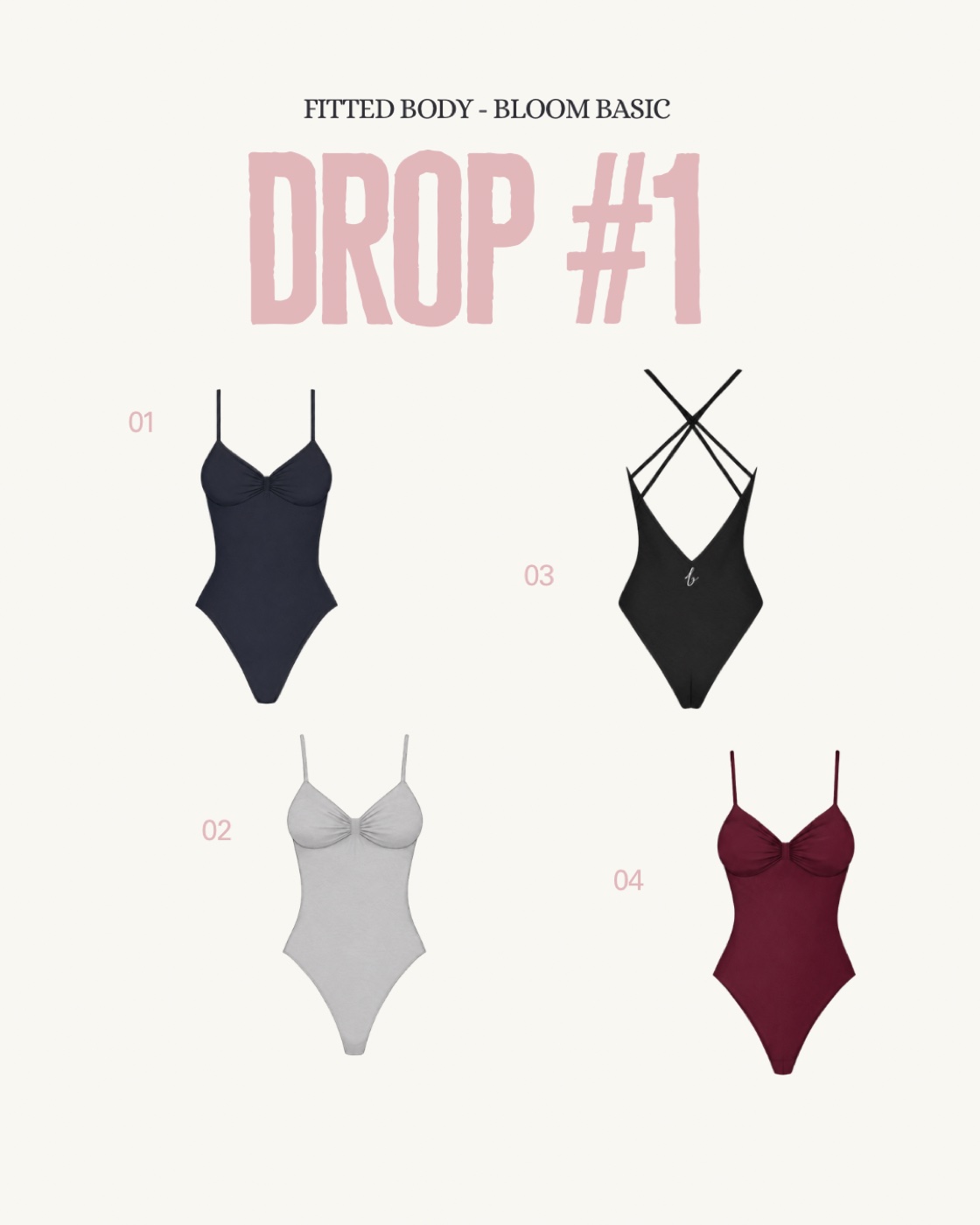 Bloom Basic Drop #1 · bodies en azul marino, gris, negro y burdeos