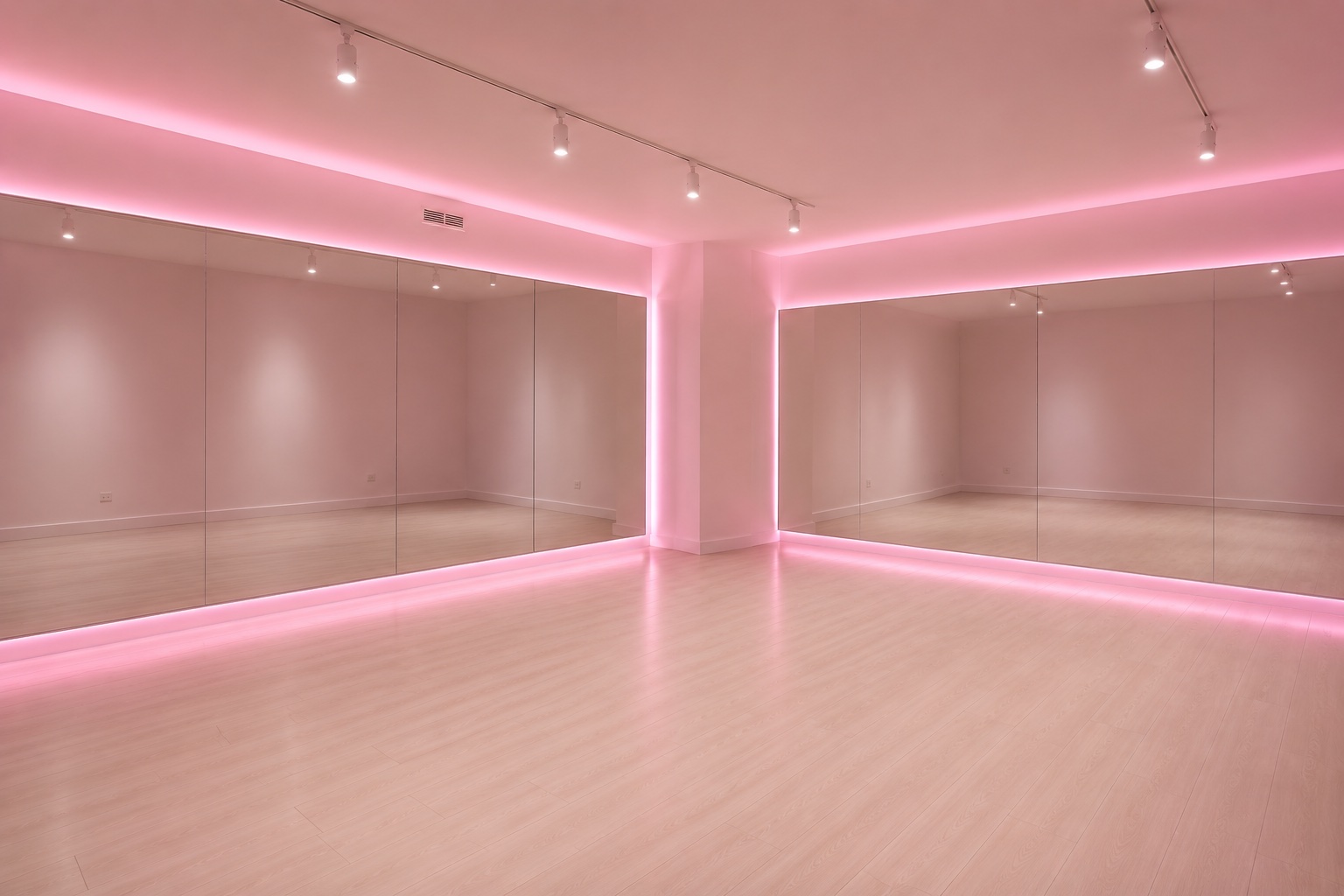 Sala de baile de Bloom Studio con luces rosadas e iluminación cálida de tarde, suelo de madera y paredes de espejos · Cádiz